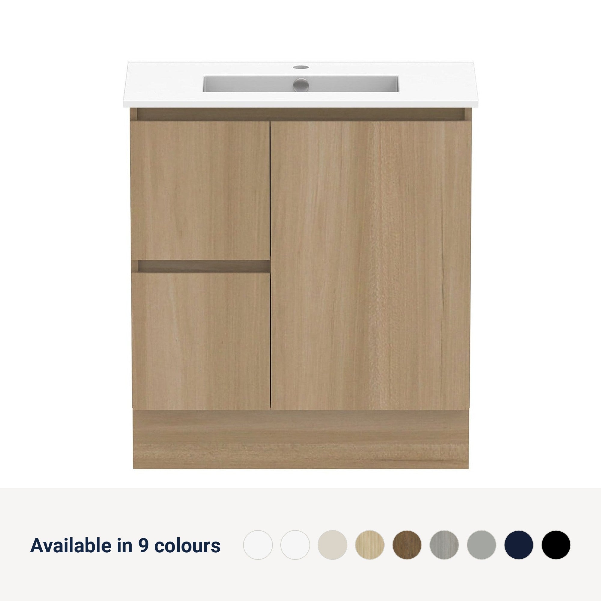 Raymor Ascot Floor or Wall Mount Slim Vanity 765mm 2 Drawer 1 Door Left Hand Drawers, available in 9 colours