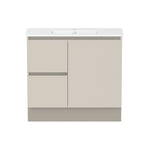 Raymor Ascot slim vanity in natural walnut, 915mm, front view with white top, left drawers and right door
