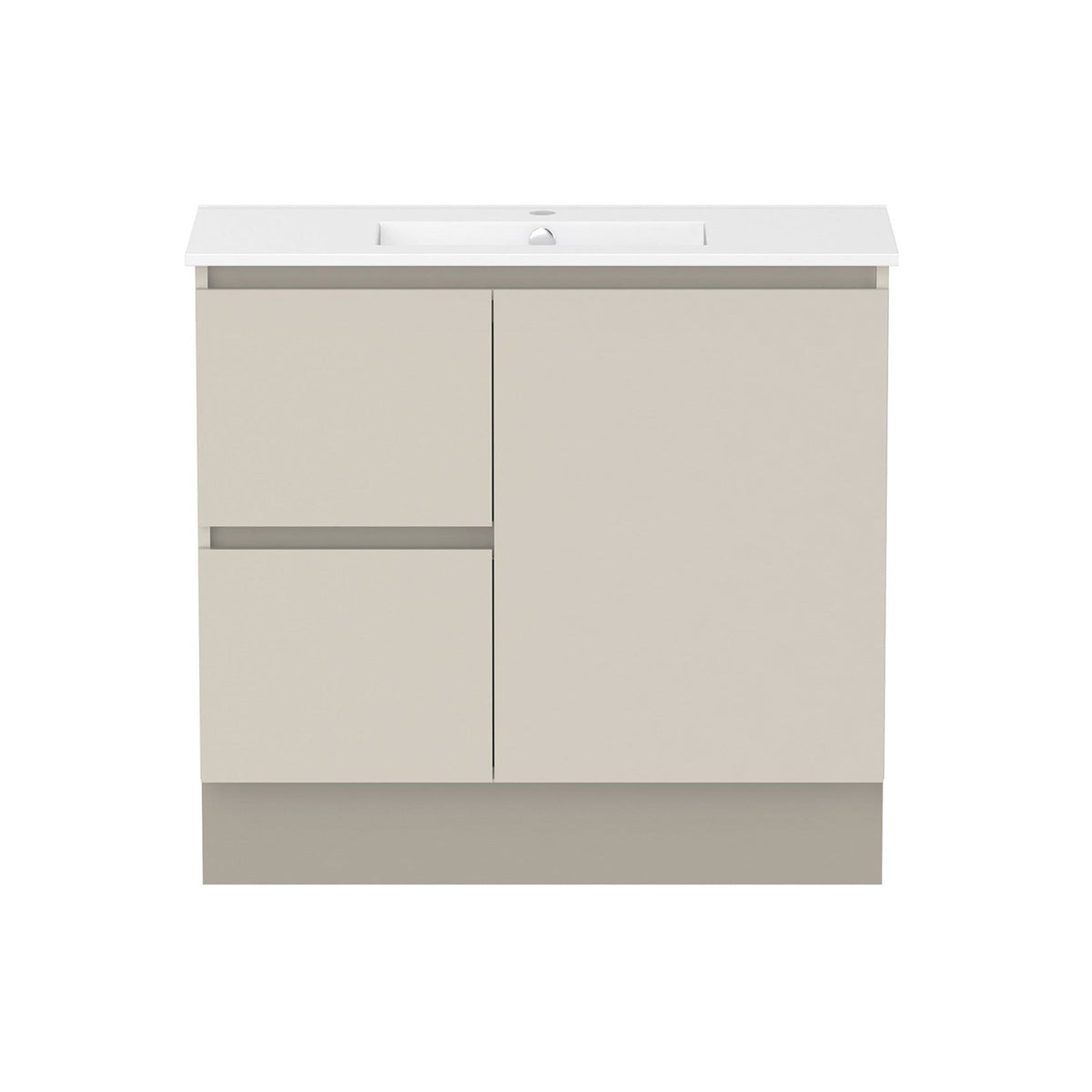 Raymor Ascot slim vanity in natural walnut, 915mm, front view with white top, left drawers and right door