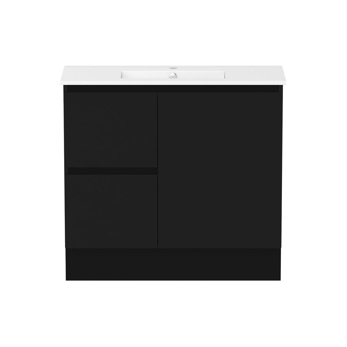 Raymor Ascot slim vanity in black with white top, two left drawers and right door, front view, 915mm wall-hung or floor mount