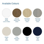 Raymor Ascot vanity colour swatches: Polar White, Natural Walnut, Plantation Ash, Palomera Oak, Amaro, Grey Nouveau, Black, Oxford Silk