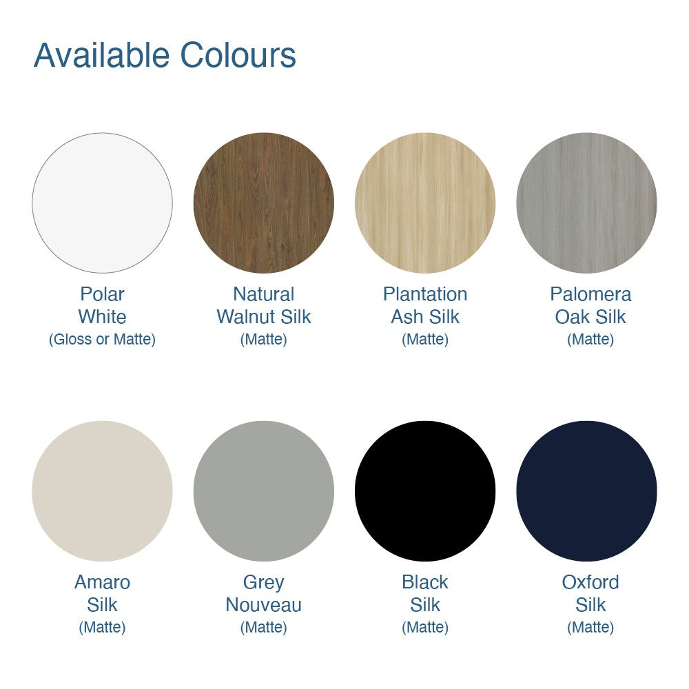 Raymor Ascot vanity colour swatches: Polar White, Natural Walnut, Plantation Ash, Palomera Oak, Amaro, Grey Nouveau, Black, Oxford Silk