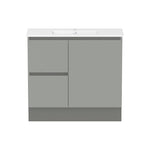 Raymor Ascot slim vanity in grey with white top, front view, two left drawers and right-hand door, 915mm wide.