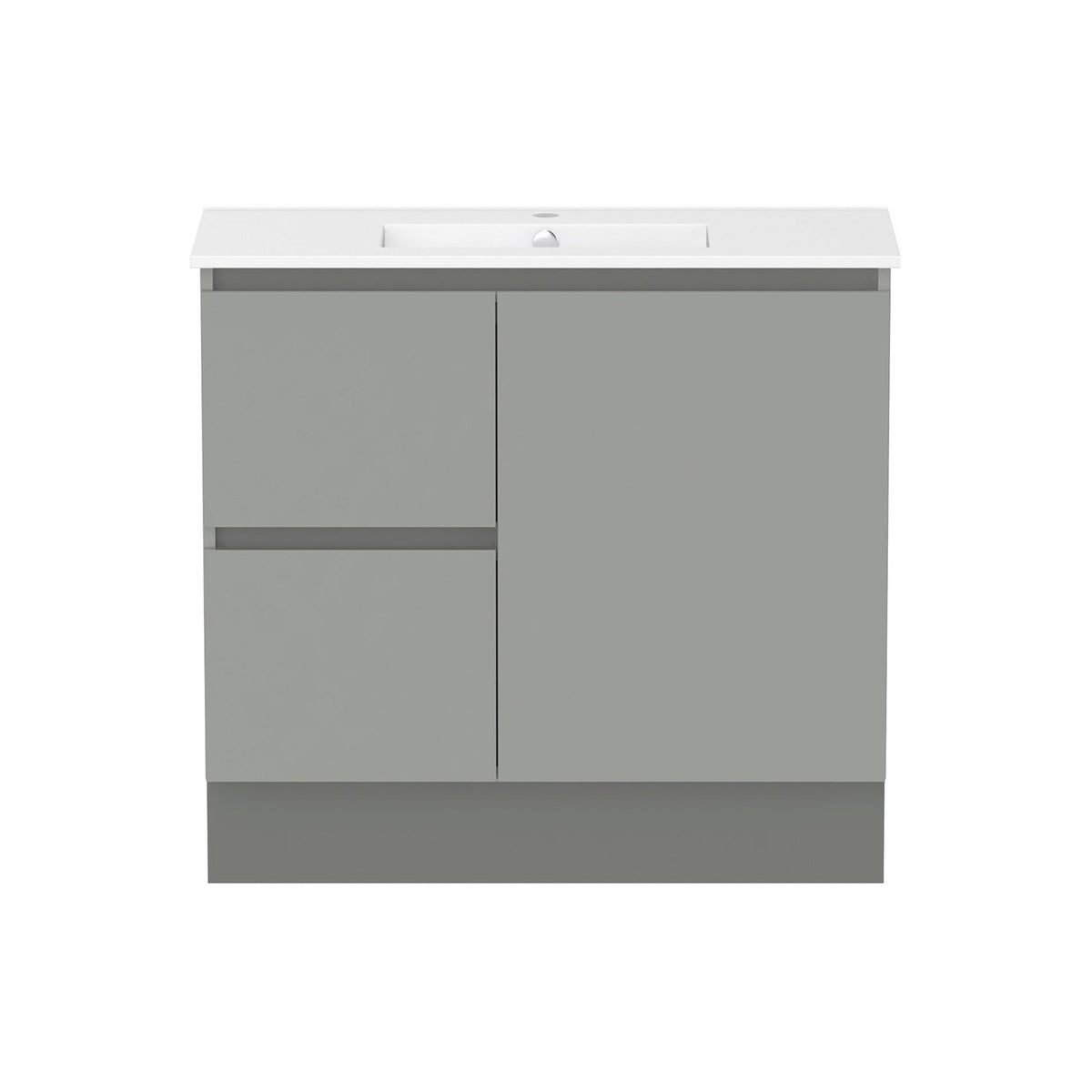 Raymor Ascot slim vanity in grey with white top, front view, two left drawers and right-hand door, 915mm wide.