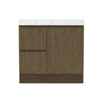 Raymor Ascot slim vanity in woodgrain with white top, front view, two left drawers and right door, wall or floor mount