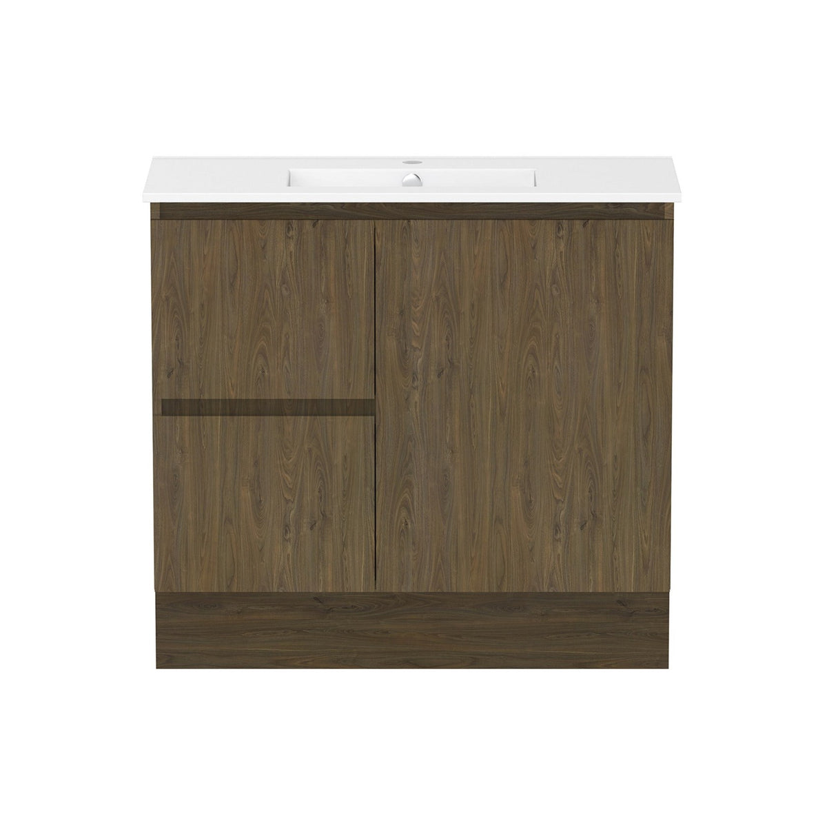Raymor Ascot slim vanity in woodgrain with white top, front view, two left drawers and right door, wall or floor mount