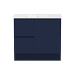 Raymor Ascot slim vanity in navy with white top, left-hand drawers and right door, front view