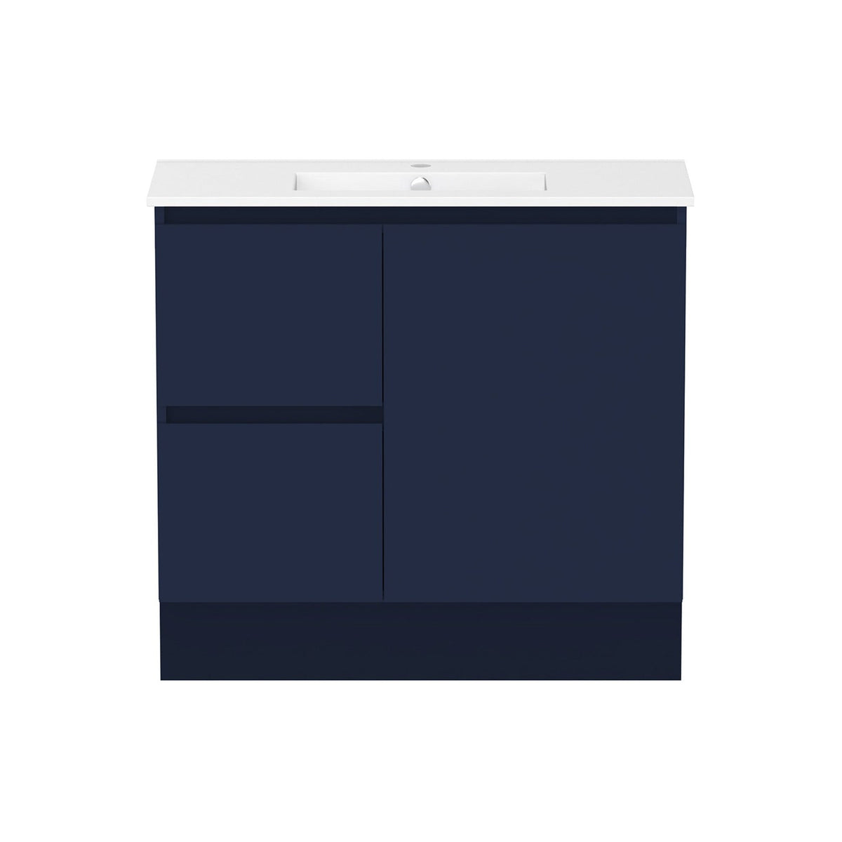 Raymor Ascot slim vanity in navy with white top, left-hand drawers and right door, front view
