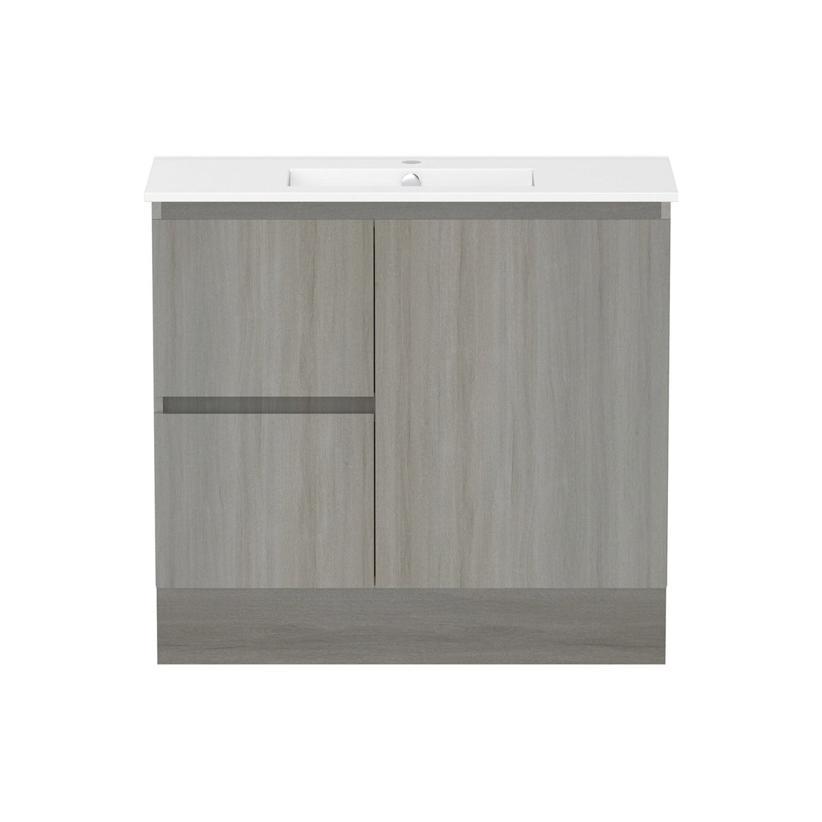 Raymor Ascot slim vanity in Oxford woodgrain, white top, front view with left-hand drawer and right door