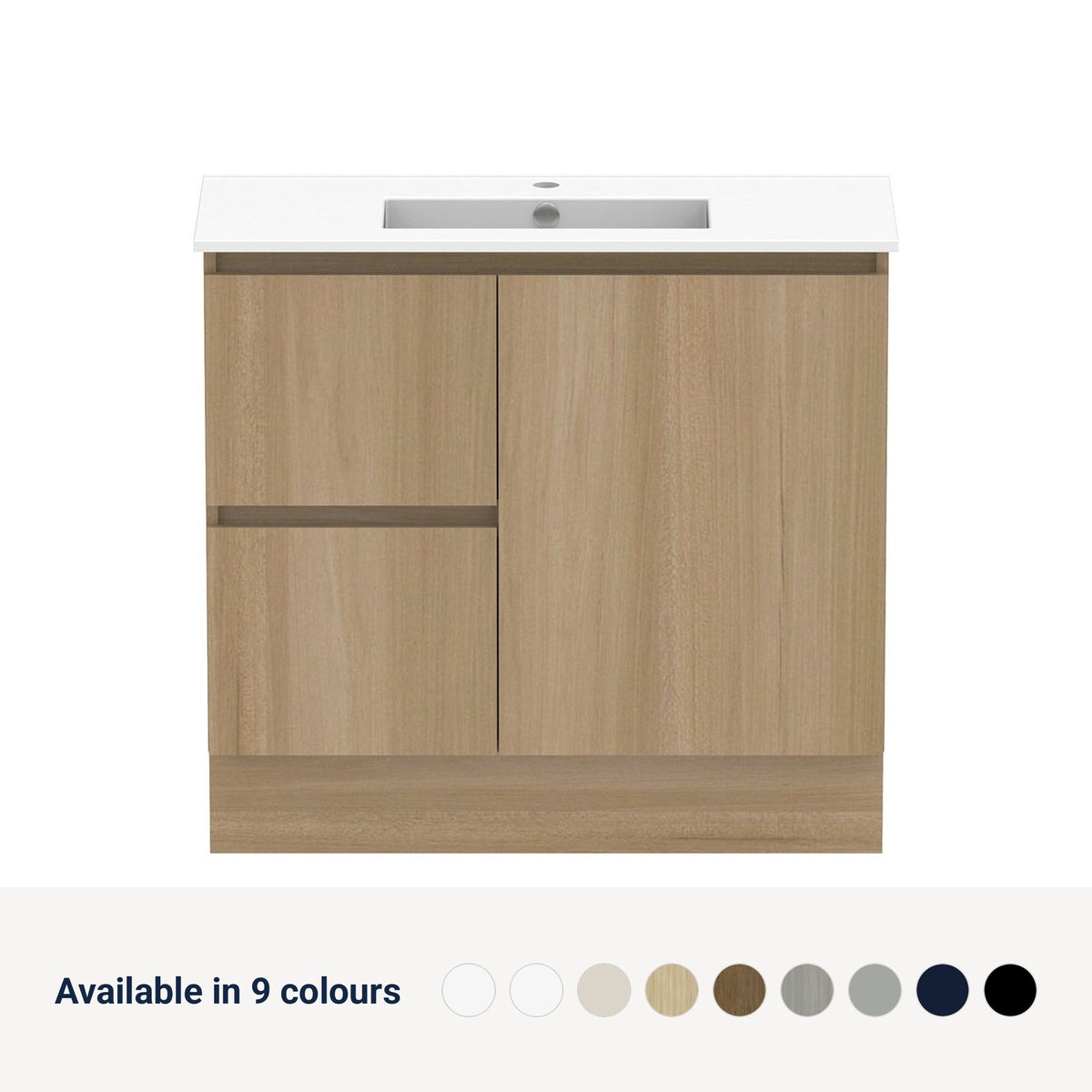 Raymor Ascot Floor or Wall Mount Slim Vanity 915mm 2 Drawer 1 Door Left Hand Drawers, available in 9 colours