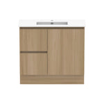 Raymor Ascot slim vanity in Palomera Oak with white top, left-hand drawers and right door, front view