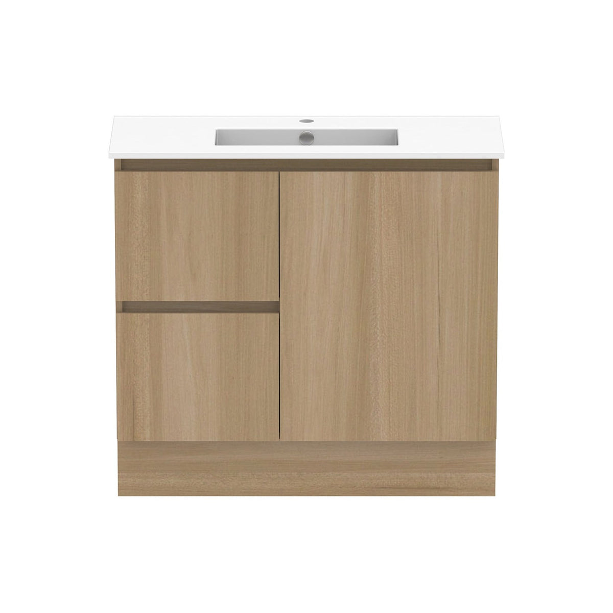 Raymor Ascot slim vanity in Palomera Oak with white top, left-hand drawers and right door, front view
