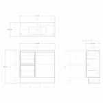 Technical drawing of Raymor Ascot slim vanity, 915mm wide, 365mm deep, with left drawers and right door in white.