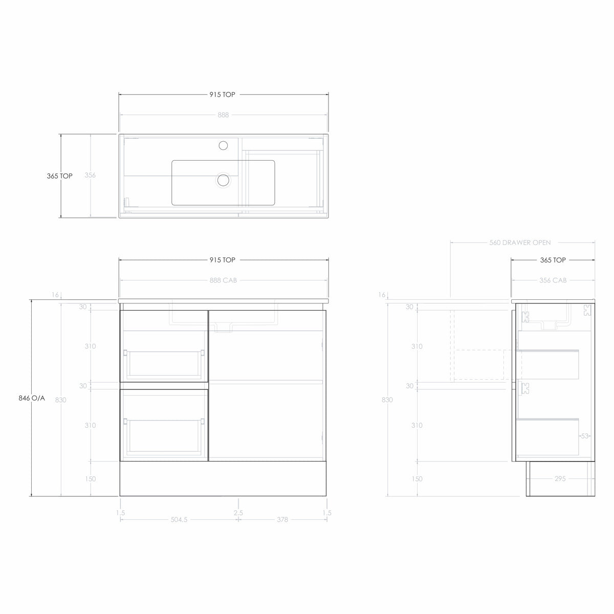 Technical drawing of Raymor Ascot slim vanity, 915mm wide, 365mm deep, with left drawers and right door in white.