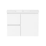 Raymor Ascot slim vanity in white, front view with moulded basin top, left-hand drawers and right-hand door