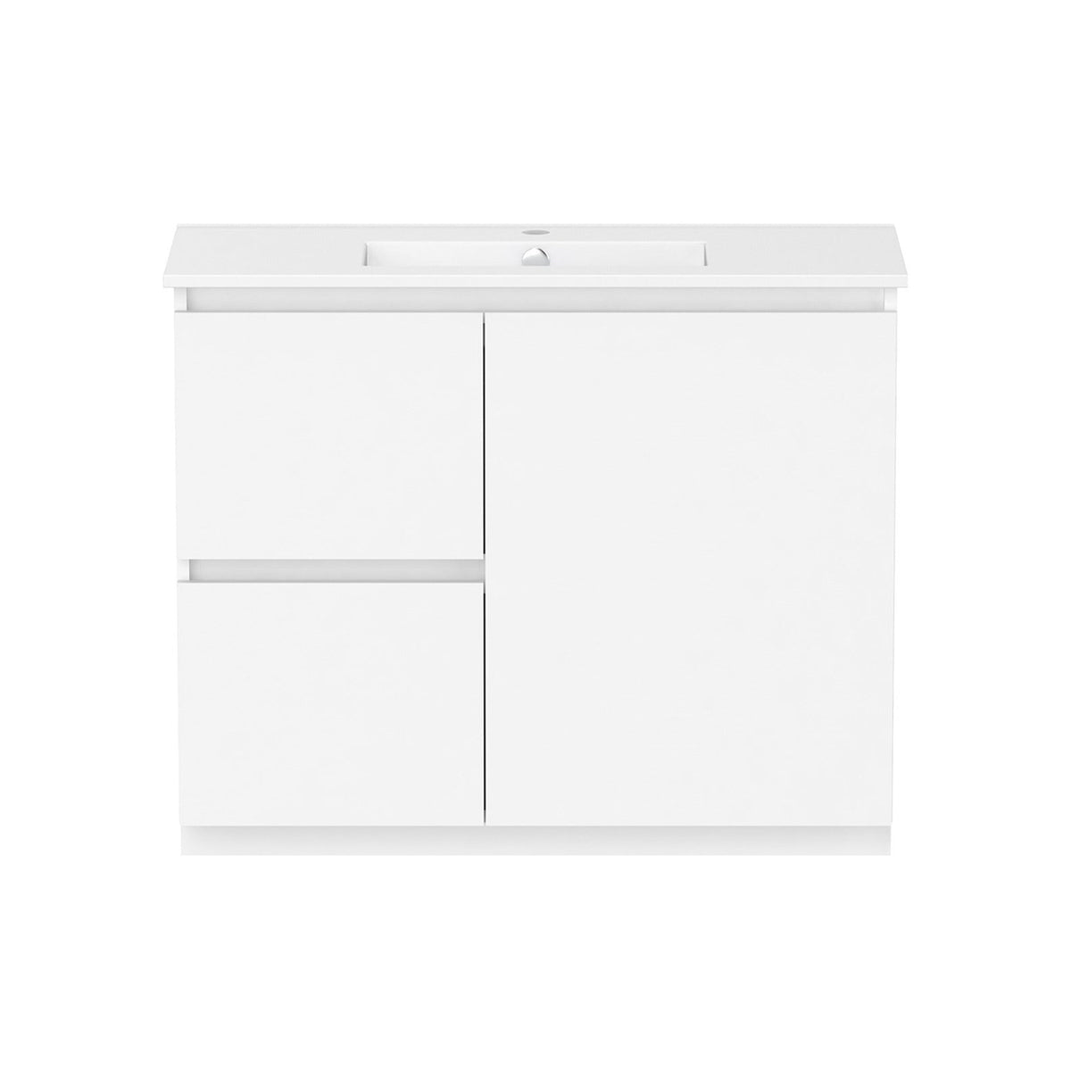 Raymor Ascot slim vanity in white, front view with left drawers, right door and integrated basin top