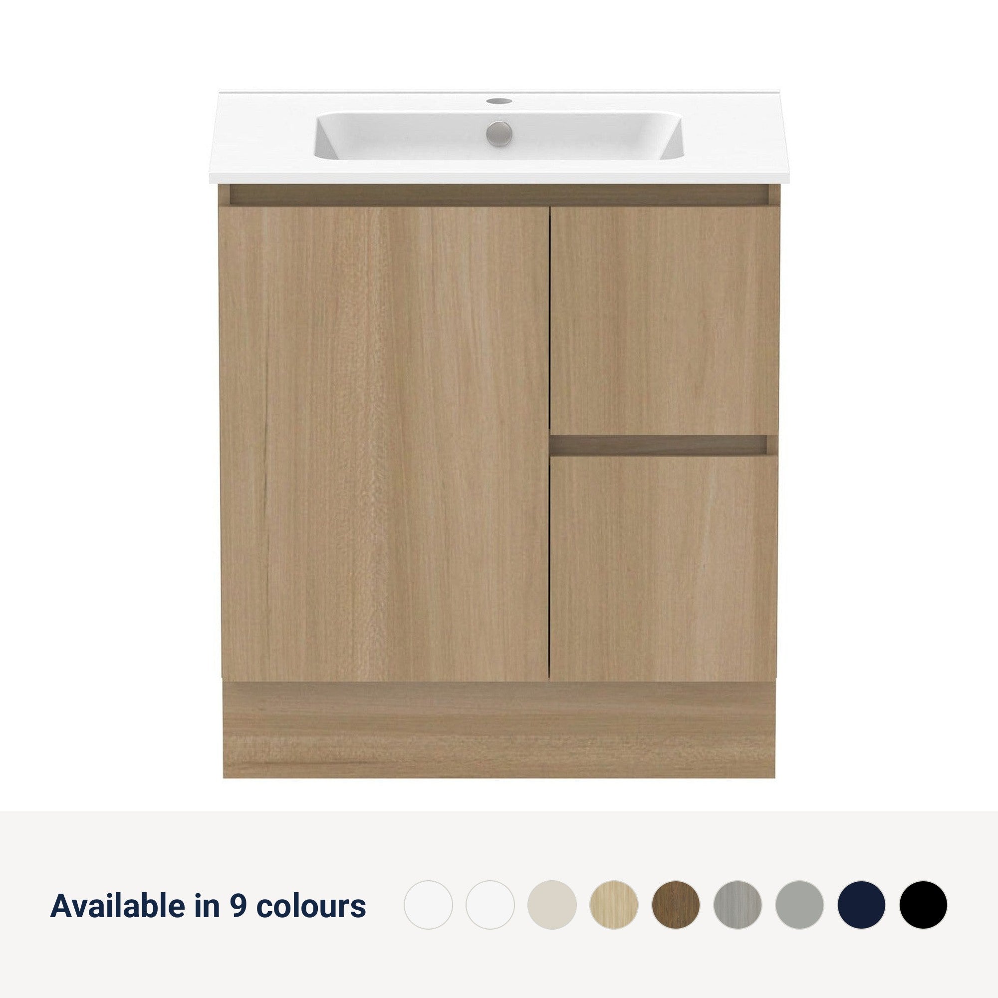 Raymor Ascot Floor or Wall Mount Vanity 750mm 2 Drawer 1 Door Right Hand Drawers, available in 9 colours