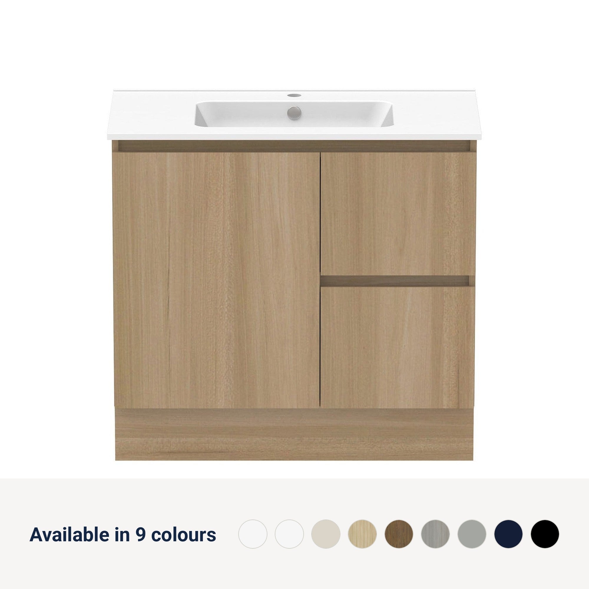 Raymor Ascot Floor or Wall Mount Vanity 900mm 2 Drawer 1 Door Right Hand Drawers, available in 9 colours