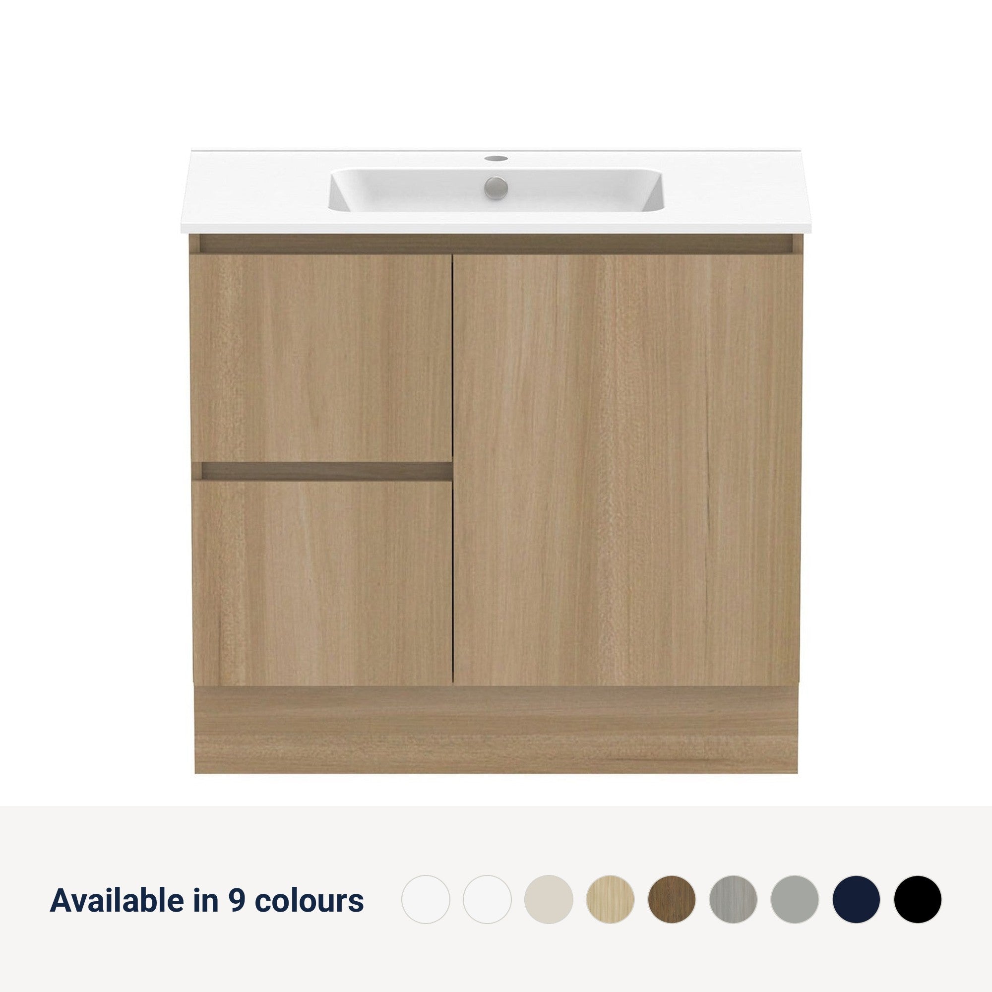 Raymor Ascot Floor or Wall Mount Vanity 910mm 2 Drawer 1 Door Left Hand Drawers, available in 9 colours