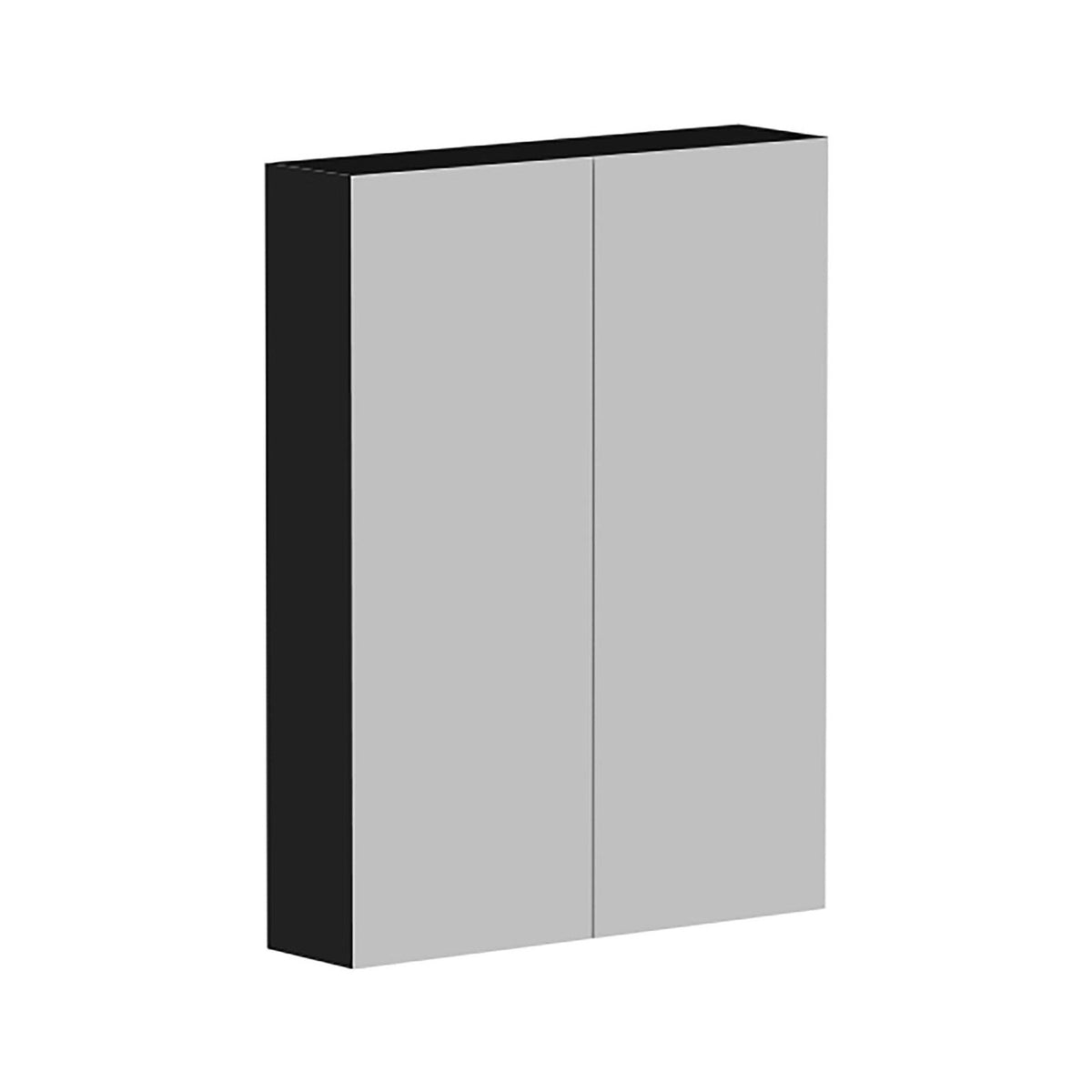 Raymor Ascot 600mm mirror cabinet with two mirrored doors, black side panel and grey front on a white background