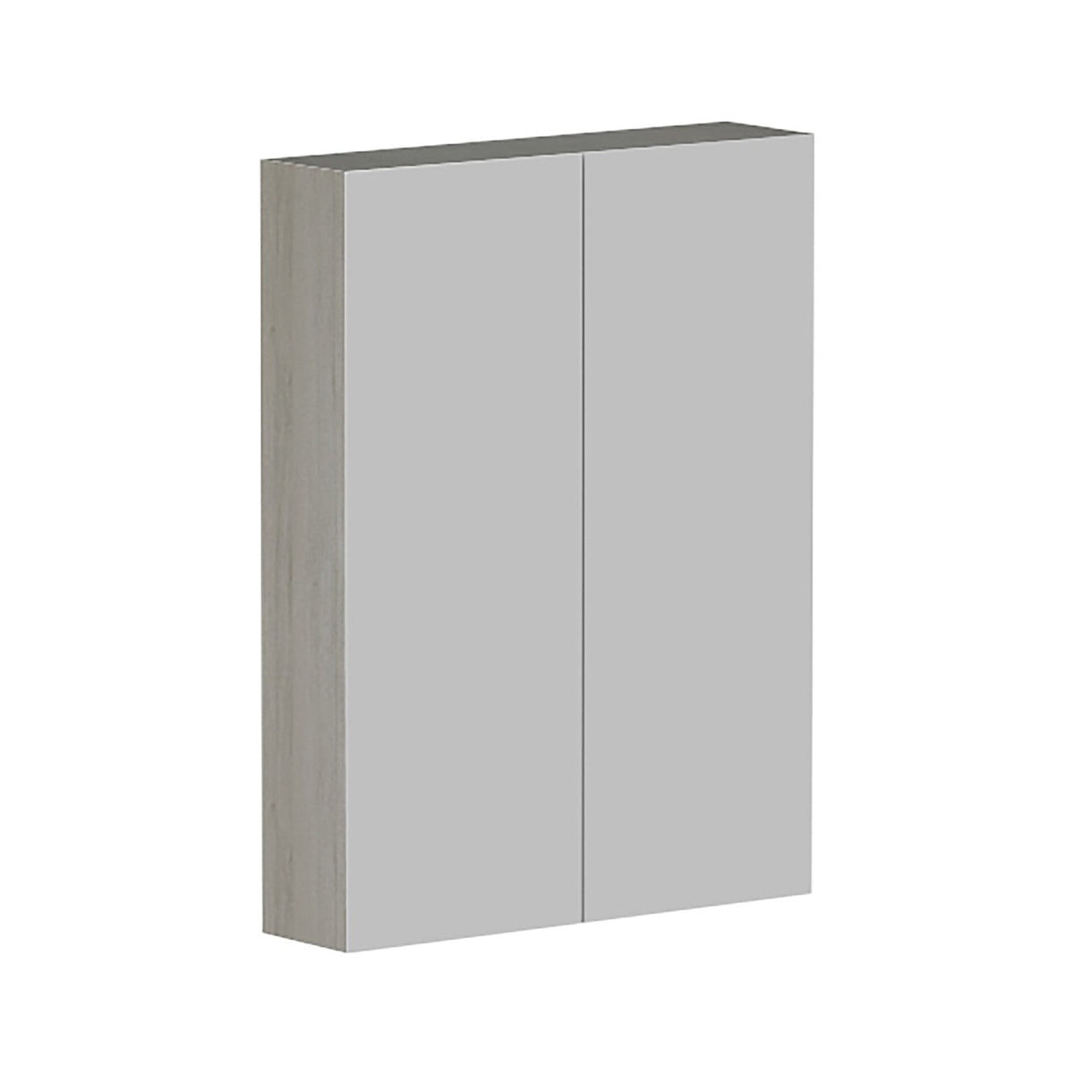 Raymor Ascot mirror cabinet in Grey Nouveau, front view with two mirrored doors and woodgrain side panel on white background