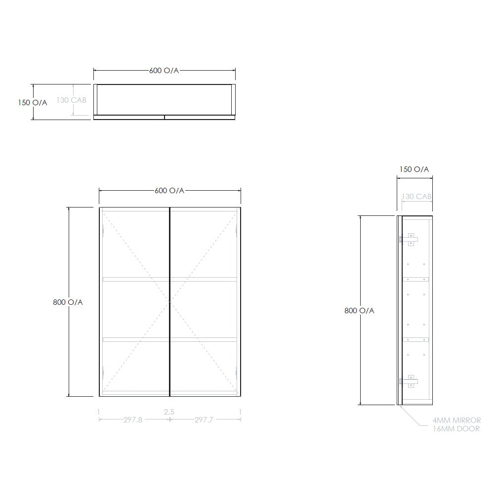 Technical dimension drawing of a wall-mounted double-door cabinet with glass doors, showing front, side, and top views with measurements in millimeters on a white background.