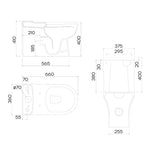 Technical drawing of Raymor Atlanta back to wall toilet suite, showing side, top and front views with dimensions in white outline