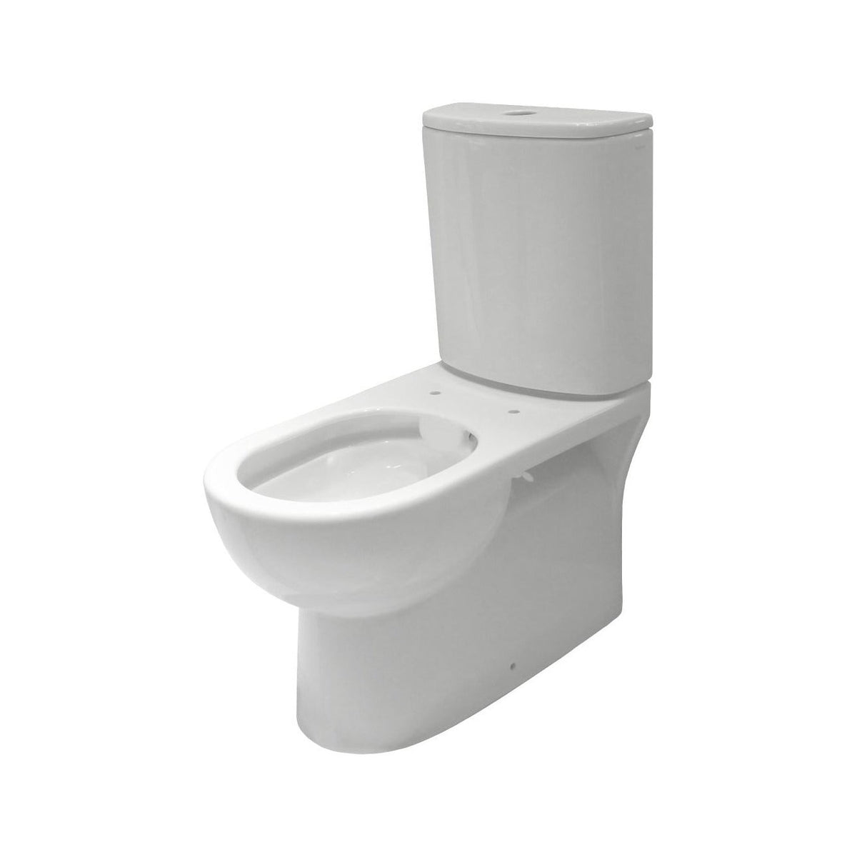 Raymor Atlanta back to wall rimless toilet suite with slim seat, white, front three-quarter view