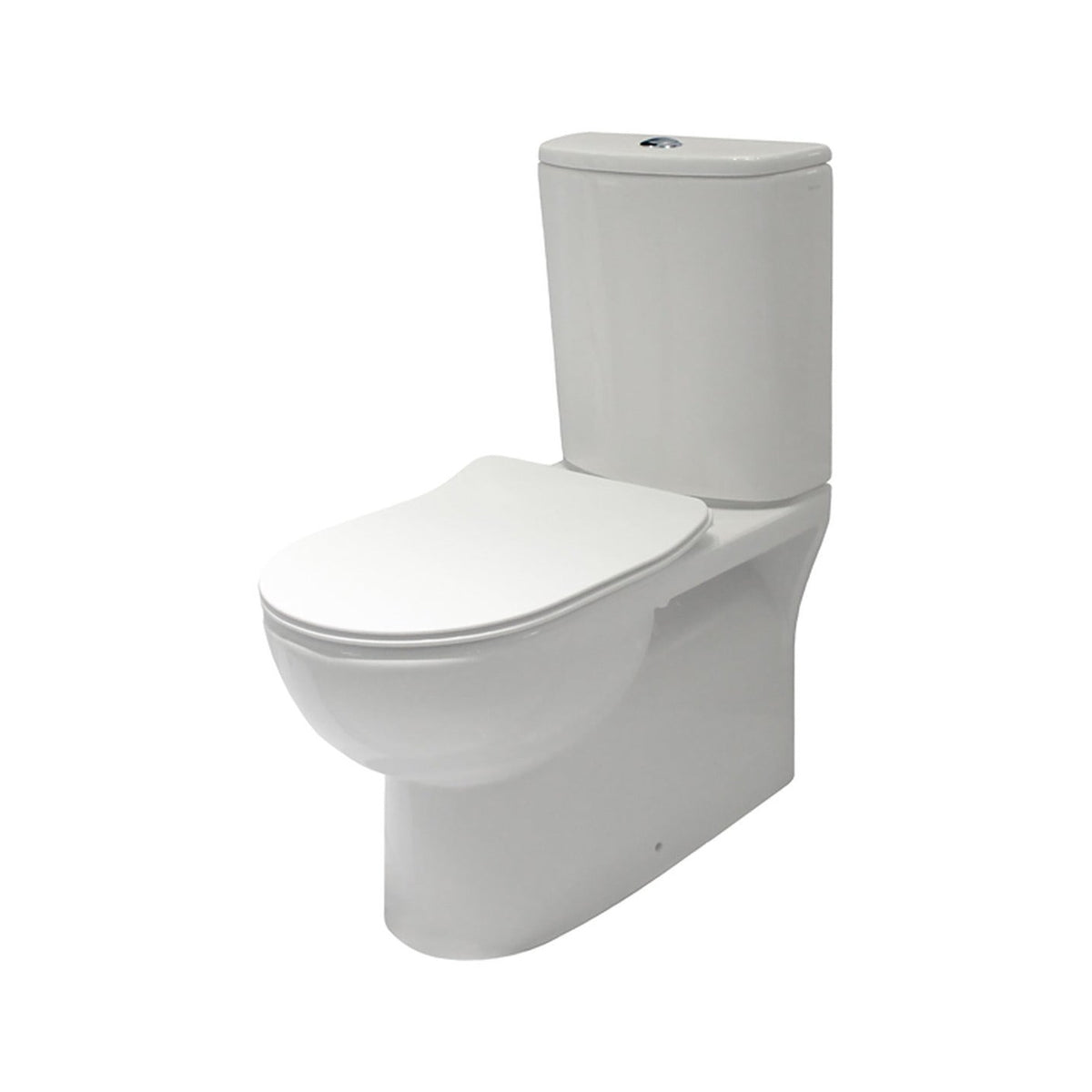 Raymor Atlanta back to wall rimless toilet suite with slim white seat and cistern, front three-quarter view