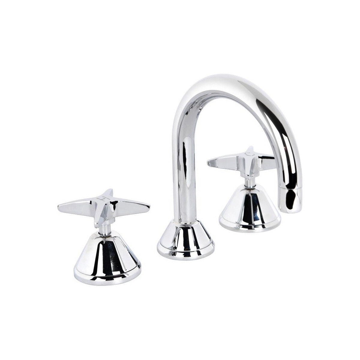 Raymor Atlanta chrome 3 piece basin tap set with star handles and gooseneck spout on white background
