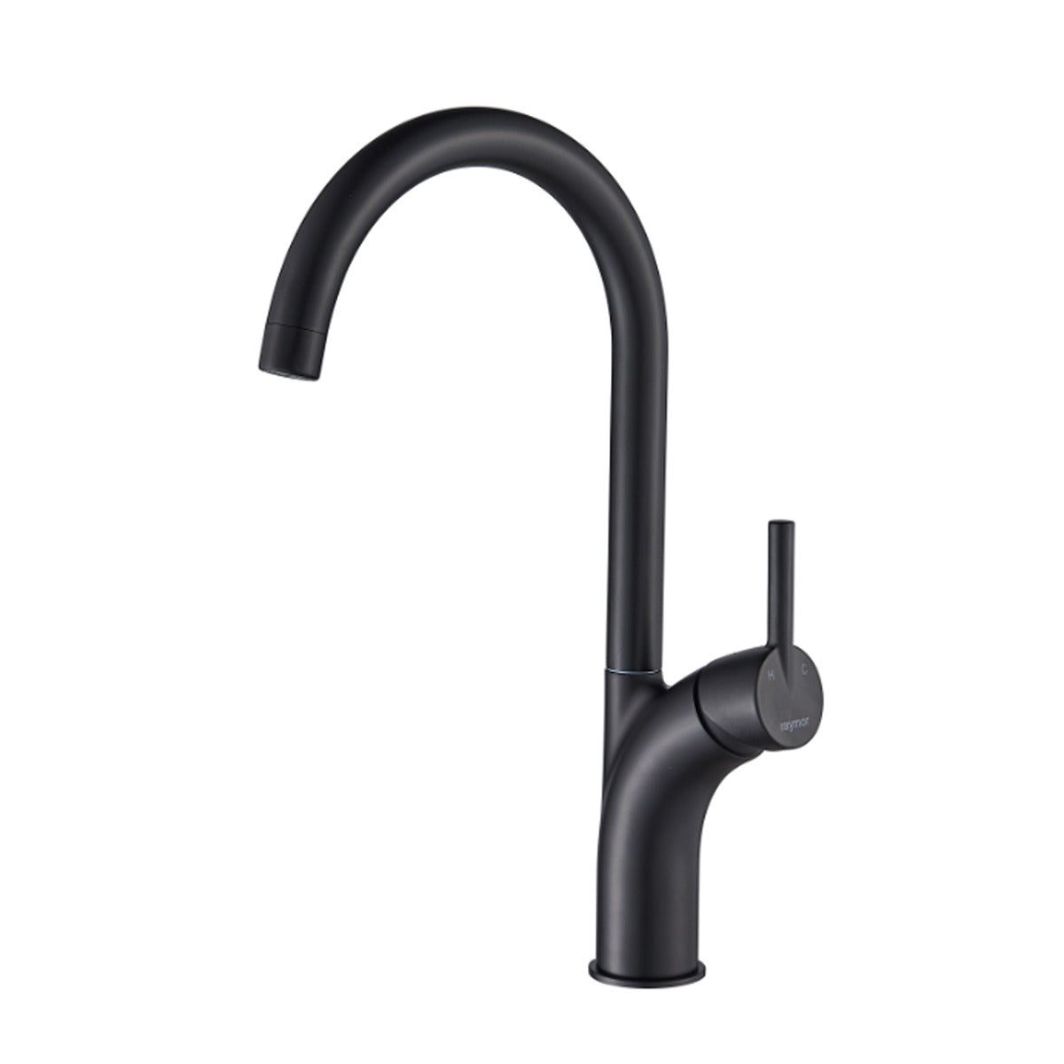 Raymor Atlanta black gooseneck sink mixer with pin lever handle, front view on white background