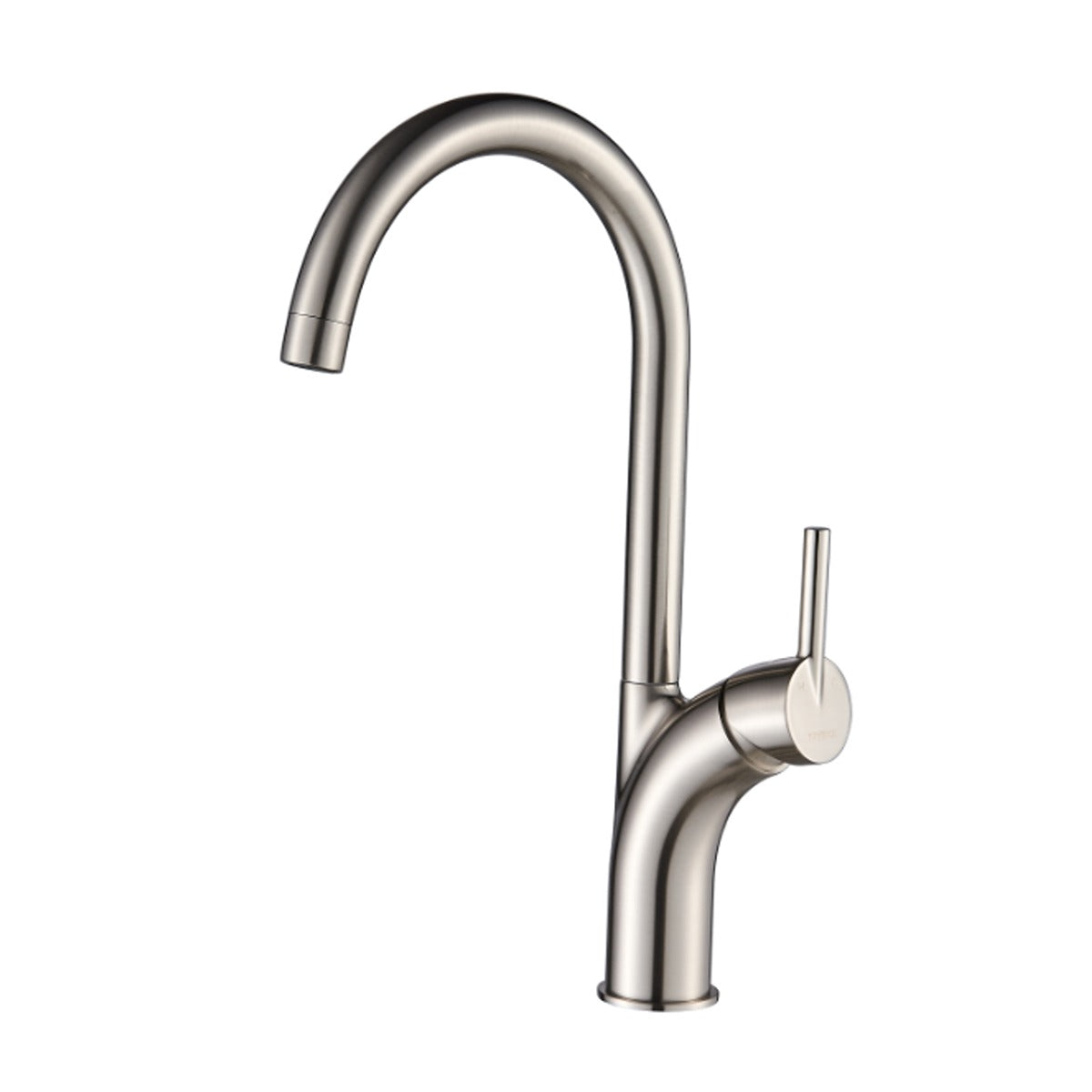 Raymor Atlanta sink mixer in brushed nickel, gooseneck swivel spout with pin lever handle on white background