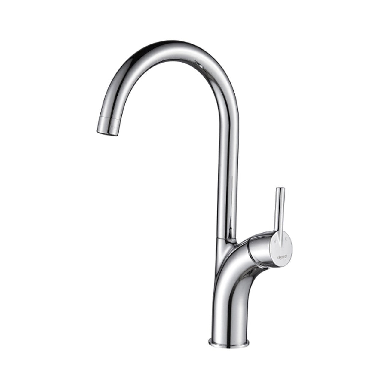 Raymor Atlanta chrome sink mixer with gooseneck swivel spout and pin lever handle on white background