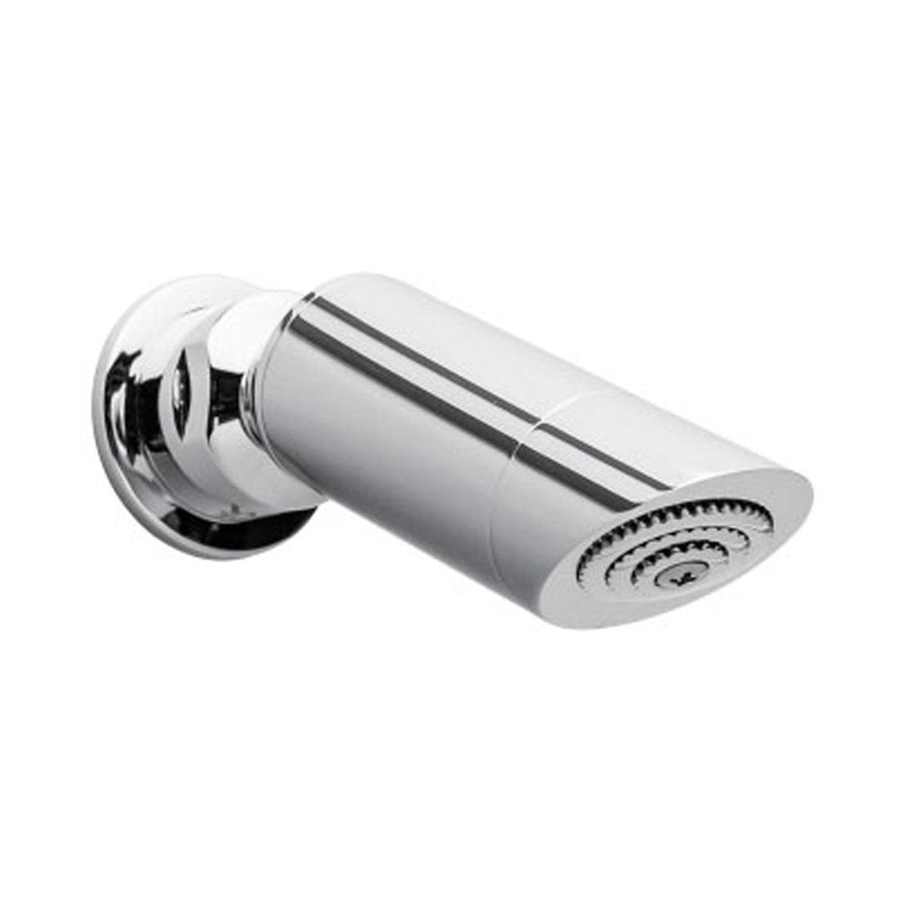 Raymor Atlanta chrome wall shower head, fixed cylindrical design with round rose, angled on white background