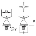 Technical drawing of Raymor Atlanta chrome wall top assembly, showing star handle and dimensions, G5/8 thread and 75 mm width