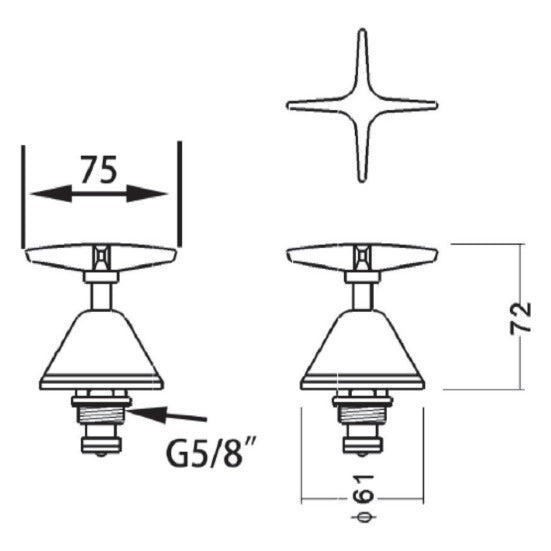 Technical drawing of Raymor Atlanta chrome wall top assembly, showing star handle and dimensions, G5/8 thread and 75 mm width