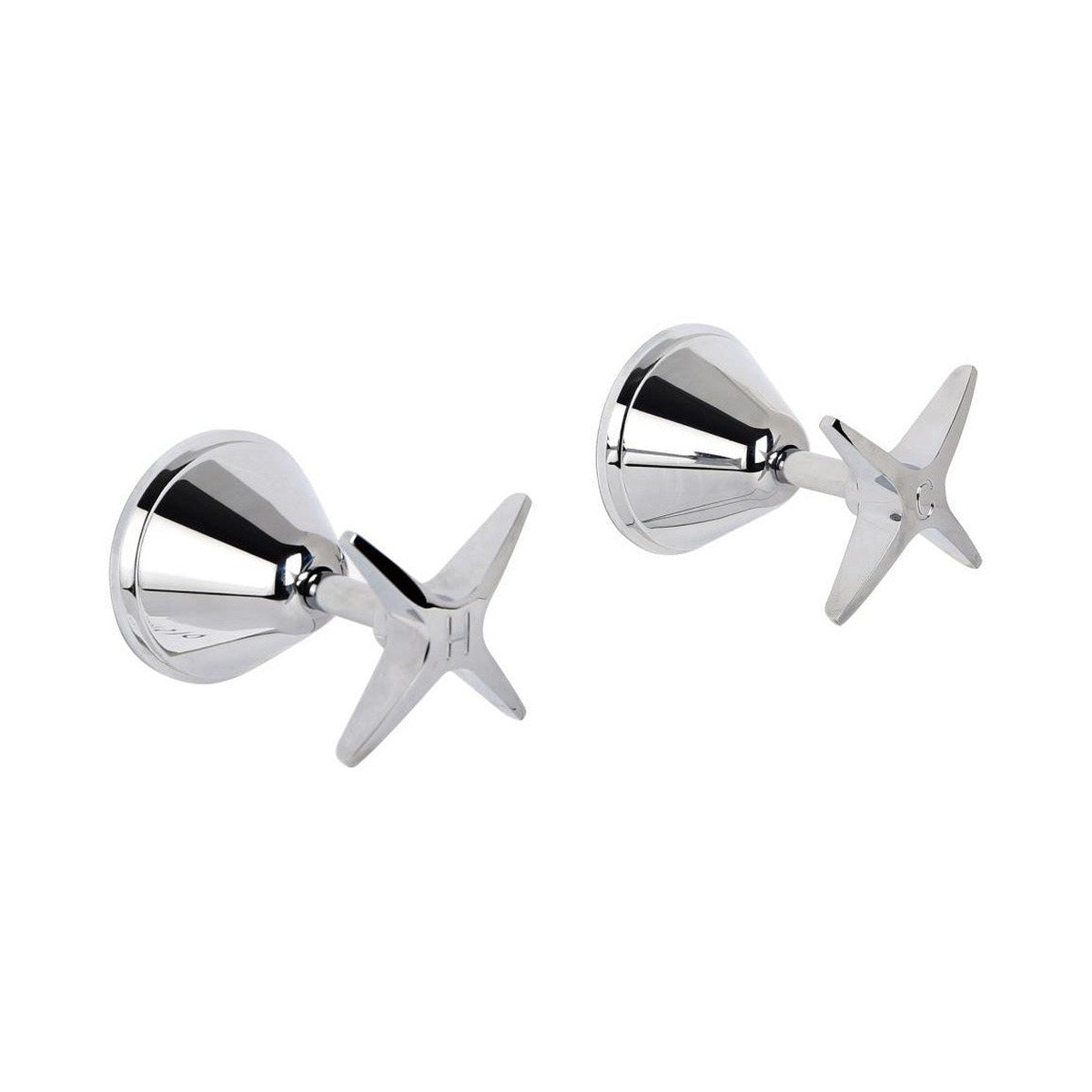 Raymor Atlanta chrome wall top assemblies, pair of star-handle taps on white background
