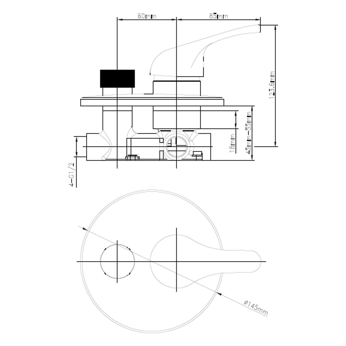 Technical drawing of Raymor Banjo BC wall mixer with diverter in chrome, showing dimensions and mounting layout