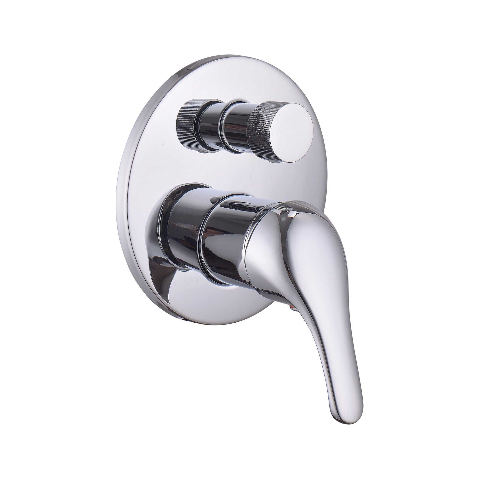 Raymor Banjo BC chrome wall mixer with diverter, wall-mounted round backplate and paddle handle, angled view