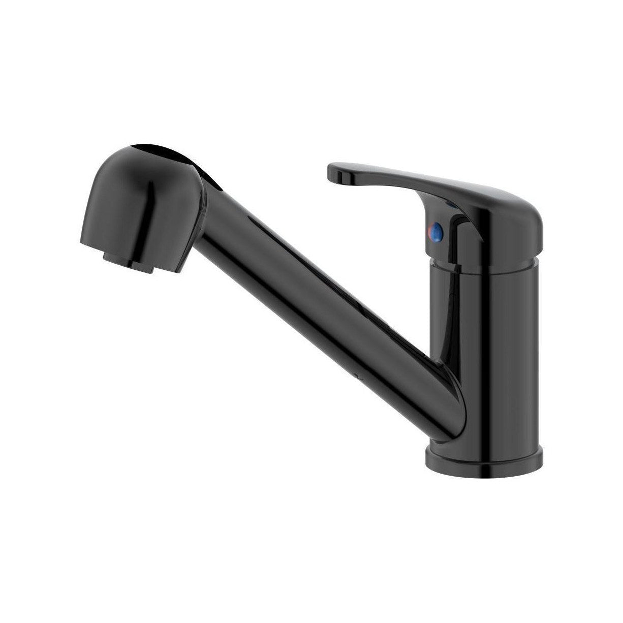 Raymor Banjo pullout sink mixer in black, angled side view, glossy single-lever kitchen tap with swivel spout