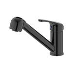 Raymor Banjo pullout sink mixer in black, angled side view, glossy single-lever kitchen tap with swivel spout