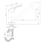 Technical drawing of Raymor Banjo pullout sink mixer in chrome, showing side view and dimensions with hose and tap body included