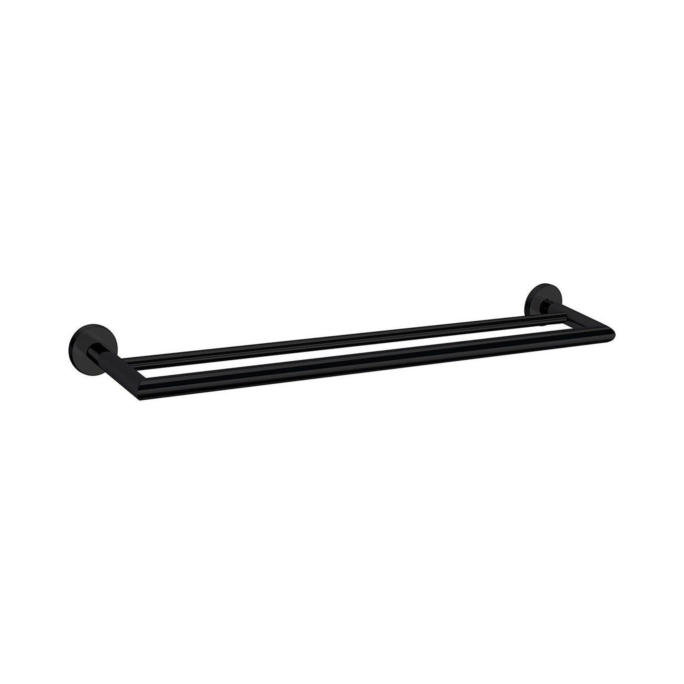 Raymor Boston II double towel rail, 650mm black, side view with two round bars and wall mounts