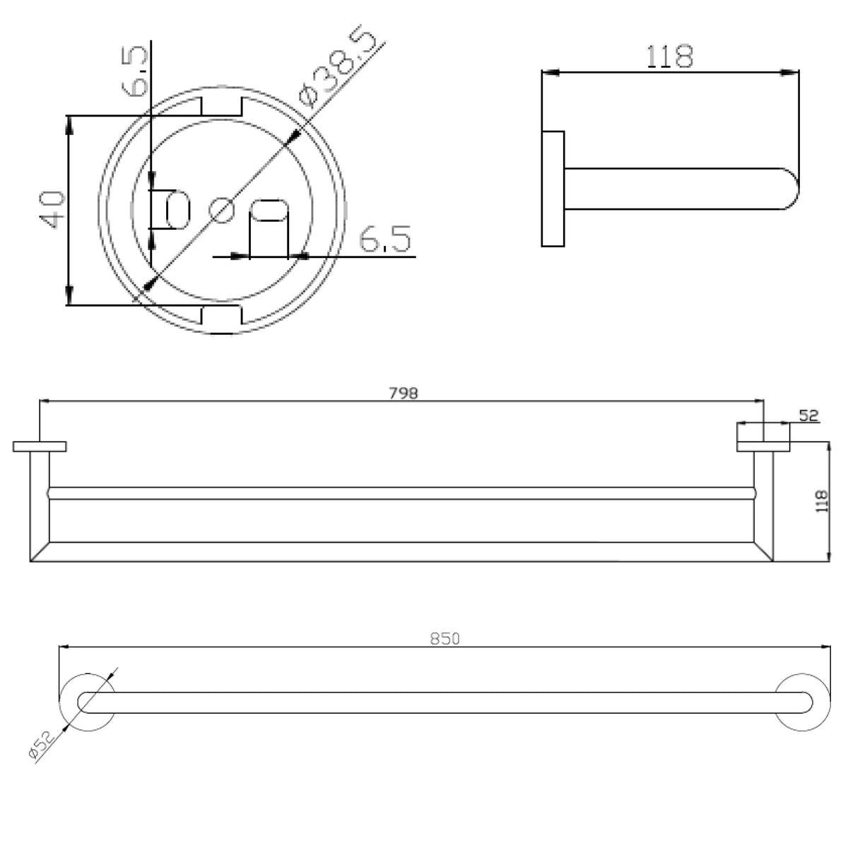 Technical drawing of Raymor Boston II double towel rail, brushed nickel, 850mm long, with dimensions and wall fixing details
