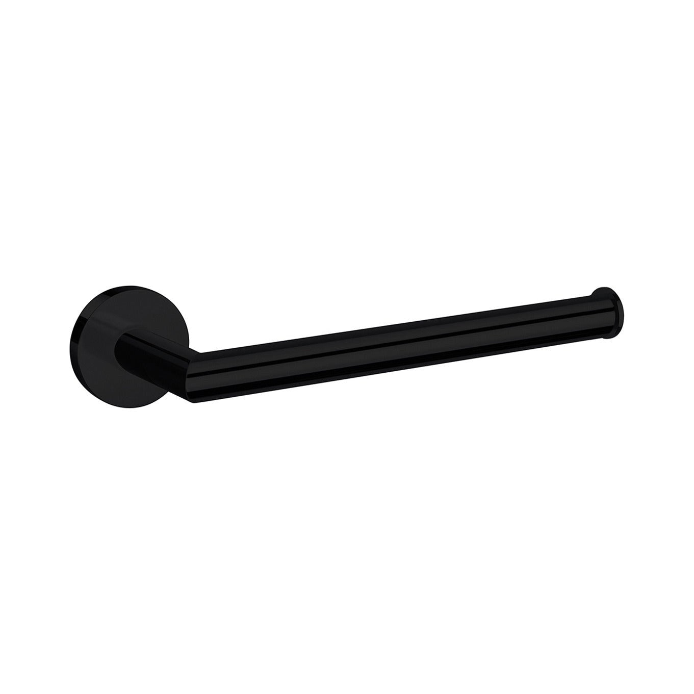 Raymor Boston II black hand towel rail with round wall mount and single bar on white background