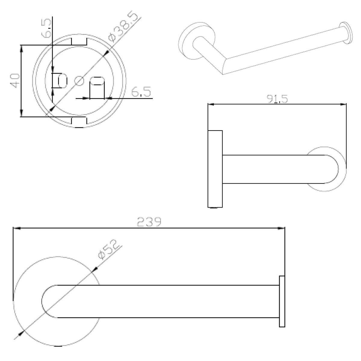 Raymor Boston II chrome hand towel rail technical drawing with dimensions and wall-mount detail