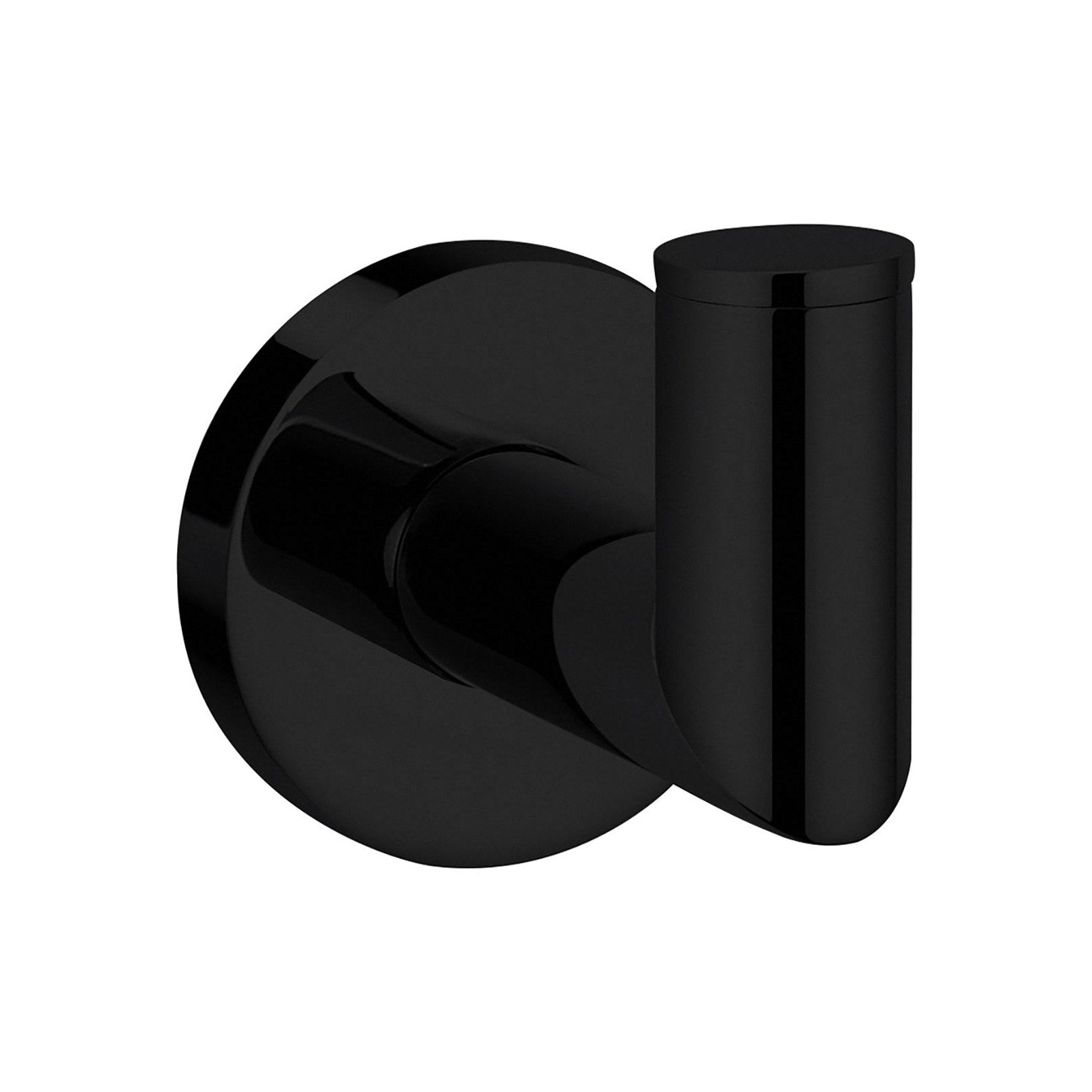 Raymor Boston II black robe hook with rounded wall plate and cylindrical hook, front view on white background