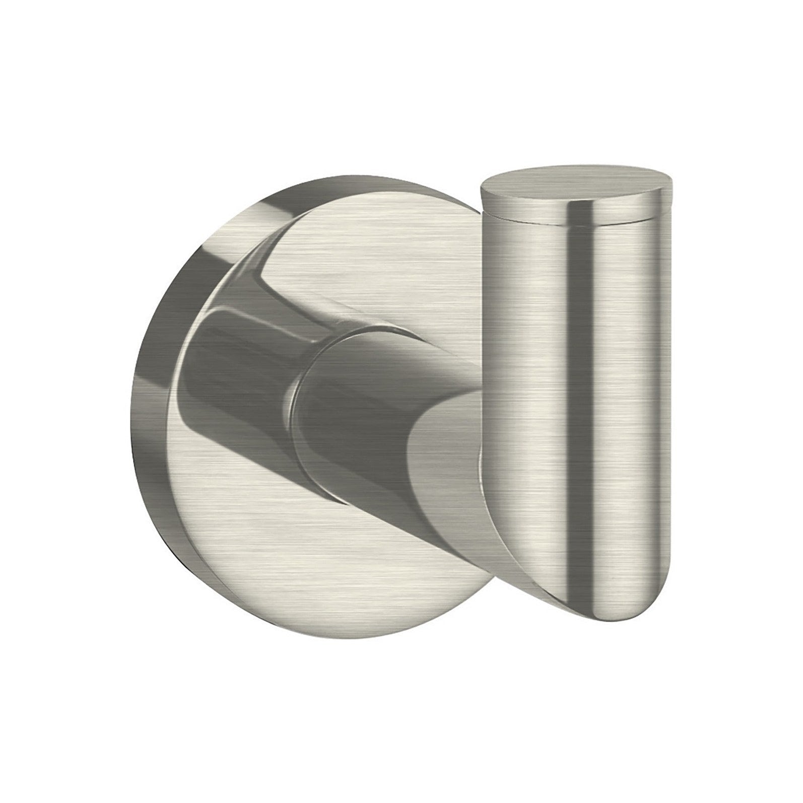 Raymor Boston II brushed nickel robe hook, single wall-mounted brass hook on round backplate, close-up front view