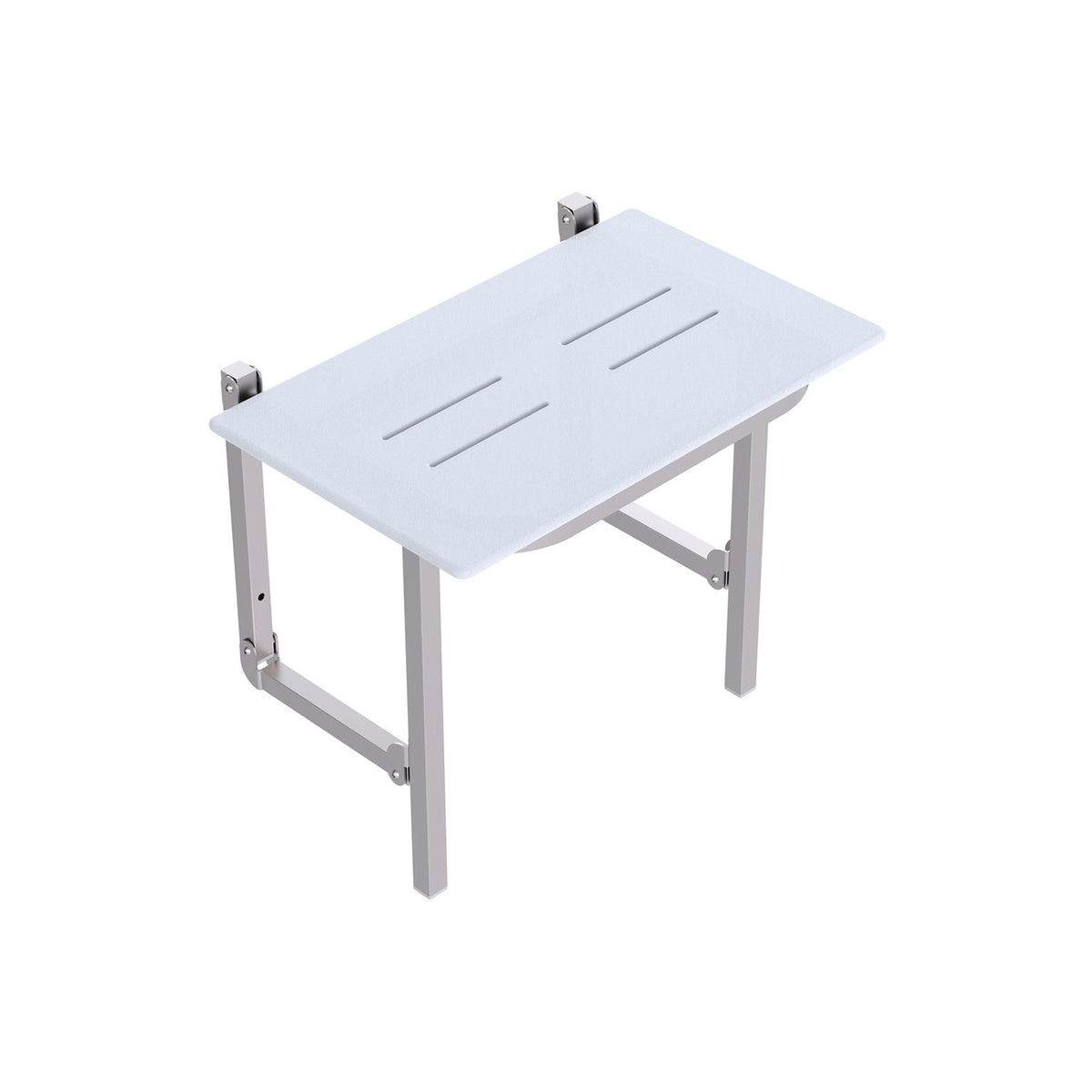 Raymor Care folding shower seat with white HDPE seat and brushed stainless steel frame