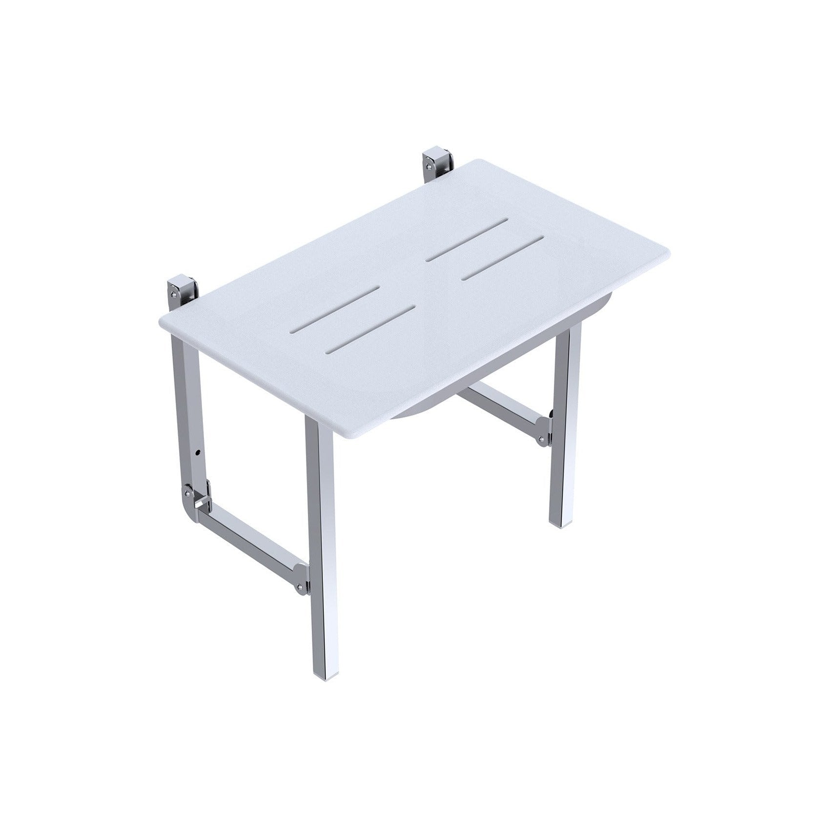 Raymor folding shower seat with white HDPE deck and polished stainless steel frame, wall-mounted and open in 3/4 view